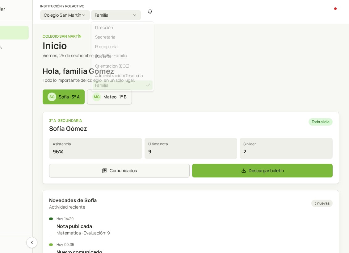 Portal de familias de Nexo Escolar con novedades de cada hijo