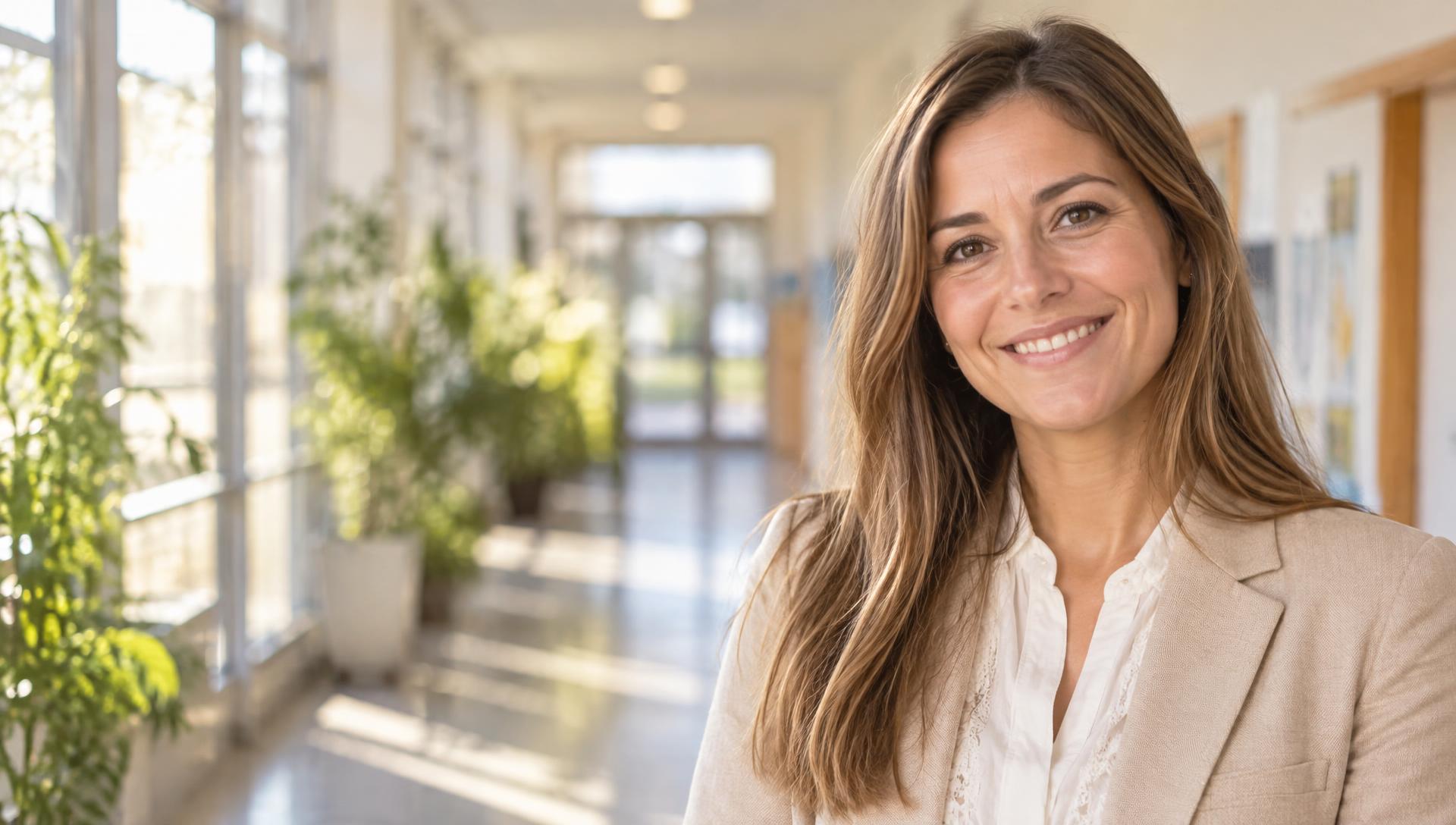 Docente sonriendo en un aula luminosa